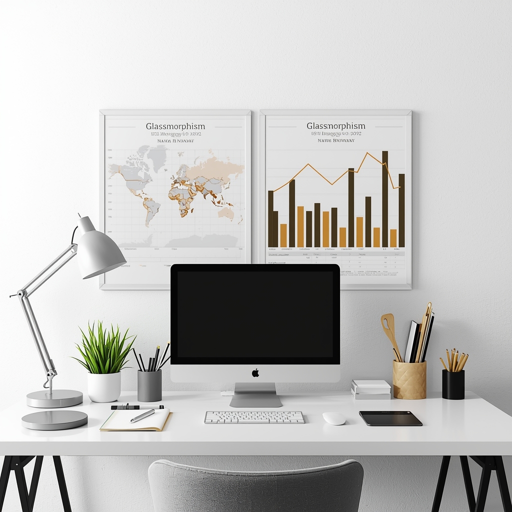 Minimalist professional workspace with financial strategy tools and glassmorphism charts. No humans.